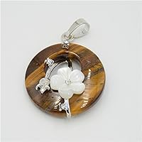 Round Hollow Natural Blue Sand Pink Crystal Stone Pendants White Peach Blossom Charm Tulip Metal Flower Necklace Pendant (Color : Tiger Eye Stone)