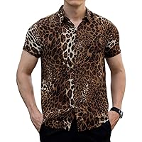 Mens Fashion Shirts Leopard Snakeskin Print Button Down Summer Short Sleeve Casual Shirt
