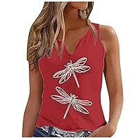 Womens V Neck Tank Tops Dressy Summer Sleeveless Henley Shirts Dragonfly Printed Casual Tunic Tops Blouses T Shirts