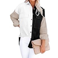 BTFBM Women Button Down Corduroy Shirts Long Sleeve Oversized Casual Pocketed Boyfriend Shacket Jackets Coat Blouse Tops (Medium, Color Block Black)