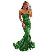 Basgute Sequin Mermaid Prom Dresses for Women Sparkly Long Sexy Strapless V Neck Bodycon Formal Evening Party Gowns