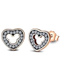 Lovely Heart Mickey Mouse 14K Black & Rose Gold Over 925 Sterling Sliver With Fashion Round Cut Cubic Zirconia Stud Earring For Teen Girls and Women's Valentine's Day Gift,Birthday Gifts