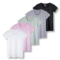 5 Pack: Womens Quick Dry Fit Dri Fit Active Wear Yoga Workout Athletic Tops Essentials Clothes Running Gym Zumba Exercise Ladies Short Sleeve Crew Scoop Neck Moisture Wicking Tees T-Shirt - Set 9,M