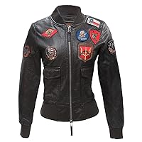 Womens TOP Aviator Pilot Flight Patches Dark Brown Leather Bomber Jacket