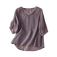 Women's 3/4 Sleeve V-Neck Embroidery Shirts Loose Casual Cotton Linen T-Shirt Vintage Tee Summer Blouse Tunic Tops