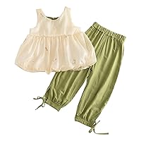 Baby Girl Summer Pants Set Puff Short Sleeved Embroidery Flower Sling Tops and Solid Color Pants Summer Clothes 1-7 Years