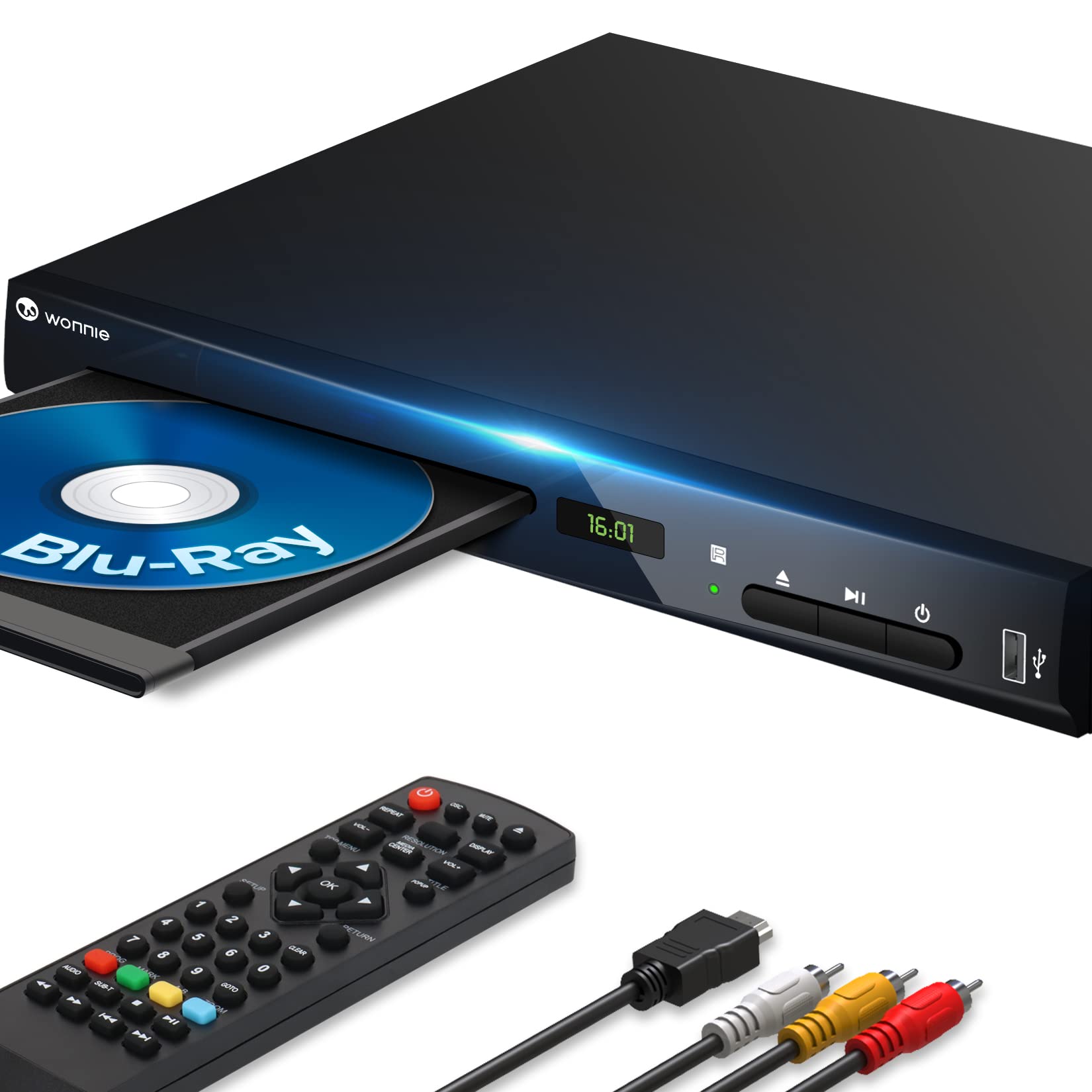 WONNIE Blu-Ray DVD Player for TV, 1080P Full HD Home Disc Players with HDMI Output, Dolby Atmos Audio, Support Region A/1 Blue Ray Dics, Last Memory, USB, NTSC/PAL