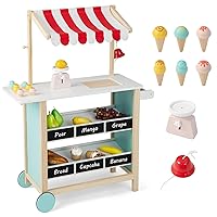 FUTADA Kids Grocery Store Prend Play Cart, Wooden Toy Shop with Ice Cream Toy, Scales, Bell, Chalkboards, Canopy, Wheels, Ice Cream Truck Toys for Kids, Gift for Boys Girls Ages 3+ (Red)
