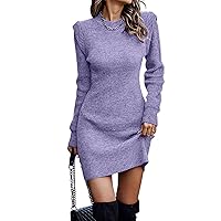 Women's Patchwork Long Sleeve Sweater Dress 2023 Crew Neck Dressy Fuzzy Ribbed Bodycon Hip-Covered Mini Knit Dresses