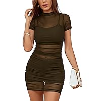 Rooscier Women's Mesh Dress Short Sleeve Bodycon 3 Piece Outfits with Cami Shorts