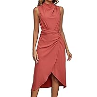 Fall Dresses for Women 2023 Elegant Solid Mock Neck Twist Side Wrap Hem Midi Dress