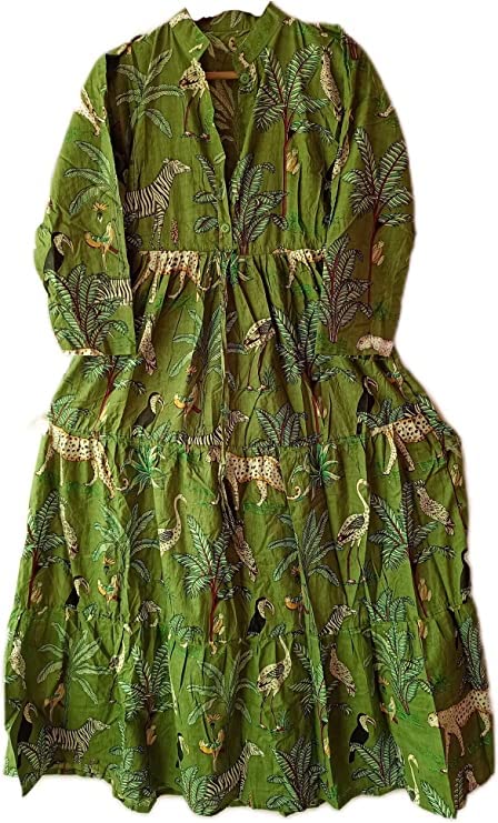 Dress for Women's Block Print Green Indian Cotton Dress Hand Block Ethnic Wear Party Dress L Size by India Fashions