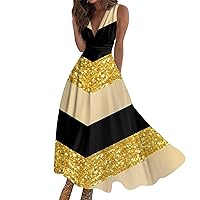 Maxi Dress for Women Plus Size, 2024 Summer Casual Sleeveless V Neck Ruffle High Waist Flowy Tiered Wrap Maxi Dress (S, Yellow)