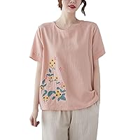 Summer Short-Sleeved t-Shirt Women's Loose T-Shirt Cotton Linen Embroidery Flower Round Neck top