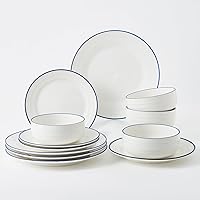 White Dinnerware Sets, Plates and Bowls Sets 12 PCS, American Pastoral Style White Ceramic Service for 4, Blue Rim Dish Set for Home Decor, Safely Used in Microwave & Dishwasher & Oven