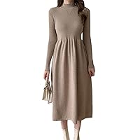 Elegant Midi Dress Women Party Half High Collar Solid Sweater Knit Dresses with Coat Autumn Winter Office