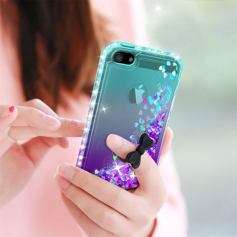 LeYi Compatible with iPhone SE 2016 Case (Not fit SE 2020!!), iPhone 5S Case, iPhone 5 Case with 2pcs Tempered Glass Screen Protector, Glitter Case for iPhone 5, Teal/Purple