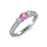 Pink Sapphire and Diamond Milgrain Work 3 Stone Ring with Side Diamond 0.85 ctw 14K White Gold