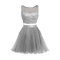 2 Piece Crystal Homecoming Dresses Boat Neck Short Prom Dress