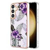 Compatible with Galaxy S24 Plus Phone Case for Women, TPU IMD Personalized Purple Flower Gilded Border Slim Cases Scratch-Proof Shockproof Back Protective Cover for Samsung S24+ 5G 6.7