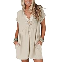 Glamaker Women's Summer Short Sleeve Romper Casual V Neck Wide Leg Short Jumpsuit Button Beach Rompers Outfit With Pockets