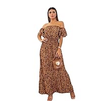 Off The Shoulder Leopard Print Dress, Maxi Off The Shoulder Dress, Maxi Dress for Summer, Formal Maxi Dress (Numeric_6) Brown