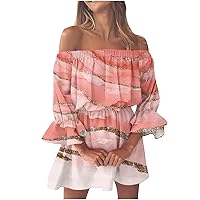 Women's Sexy Off Shoulder Short Dress Ruffle Long Sleeve Casual Ombre Print Strapless Party Mini Dress