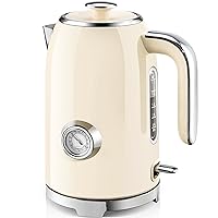 SUSTEAS Electric Kettle - 57oz Hot Tea Kettle Water Boiler with Thermometer, 1500W Fast Heating Stainless Steel Tea Pot, Cordless with LED Indicator, Auto Shut-Off & Boil Dry Protection, Beige
