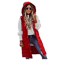 Womens Winter Coats with Hood Long Puffer Vest Plus Size 2022 Fashion Long Length Warm Quilted Down Jackets Oversized Cute Lightweight Sleeveless Thick Heated Casual Zip Up Hoodie(H Red,Large)