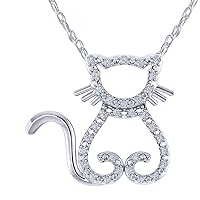 Sterling Silver 925 Two Tone Plate Cat 0.13 TCW Genuine Diamonds Necklace Jewelry, 18