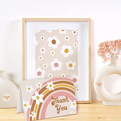 AnyDesign 36 Pack Boho Thank You Cards Bulk Retro Rainbow Floral Note Cards with Envelope Stickers Boho Flower Greeting Blank Cards for Birthday Baby Shower Bridal Shower Party, 4 x 6 Inch