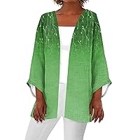 Womens Summer Sweaters Kimono Cardigans for Women 2024 Summer Floral Print Draped Open Front with Long Puff Sleeve Cruise Outfits Green 5X-Large