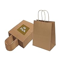 50 Pack 8x4.75x10 Inch Medium Brown Paper Bags with Handles Bulk, Kraft Paper Gift Bags for Birthday Party Favors Grocery Retail Shopping Business Goody Craft Blank Sacks (Plain Natural, 50pcs)
