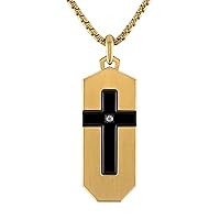 Bulova Jewelry Men's Icon Gold and Black Stainless Steel, Cross Inlay with Diamond Accent Dog Tag Pendant, Round Box Link Chain Necklace,Length 24
