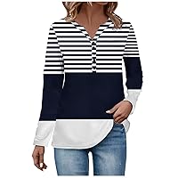 Tee Shirts for Women Fall Long Sleeve Shirts Solid Button Down Sweatshirts Trendy Henley V Neck Tee Loose Workout