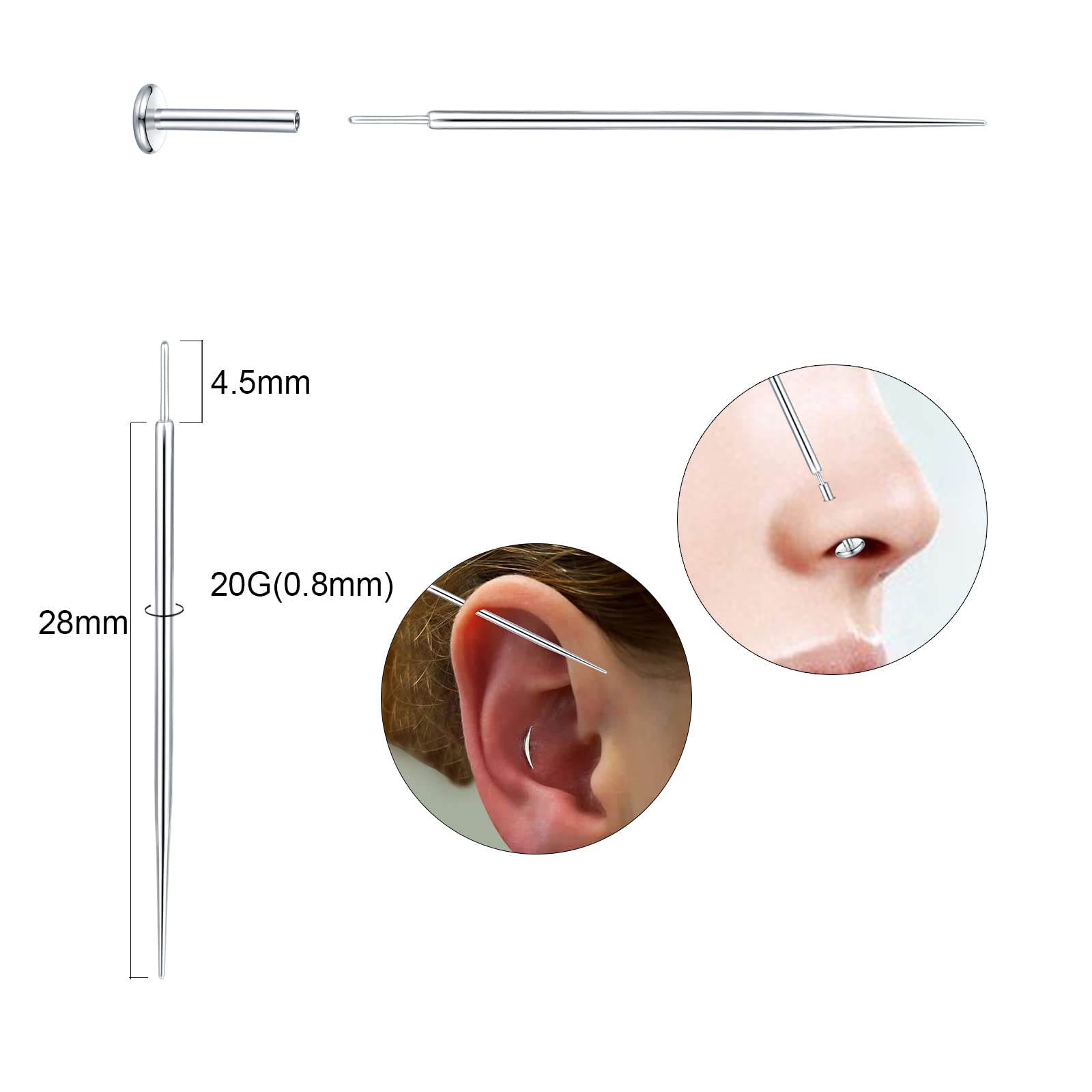 Xpircn Threadless Piercing Taper 20G 18G 16G Stainless Steel Piercing Taper Insertion Pin for Lip Nose Monore Ear Cartilage Tragus Helix Eyebrow Tongue Body Piercing Stretching Kit Assistant Tools