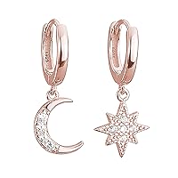 Reffeer Solid 925 Sterling Silver Moon Star Dangle Earrings Hoop for Women Teen Girls CZ Moon Star Hoop Earrings Huggie Dangle Earrings Asymmetrical