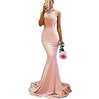 Women's Satin Mermaid Ball Dresses Lace Necklace Trailing Evening Gowns