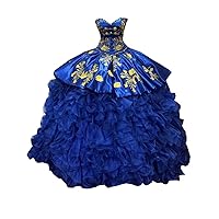 2024 Amazing Gold Embroidery Sweetheart Ruffled Organza Ball Gown Quinceanera Dress Mexican Prom Formal Dress