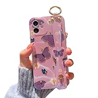 iPhone 11 Case Cute with Wrist Strap Kickstand Glitter Bling Cartoon IMD Soft TPU Shockproof Protective Cases Cover for Girls and Women - Purple Butterfly