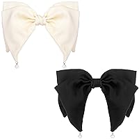2PCS Big Bow Hair Barrettes, French Double Bow Hair Clips, Elegant Pearl Butterfly Hair Pins for Long Hair Women Girls Brides for Christmas, Parties, Daily Use- Black, Beige