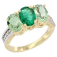 14K Yellow Gold Natural Emerald & Green Amethyst Sides Ring 3-Stone 7x5 mm Oval Diamond Accent, Sizes 5-10