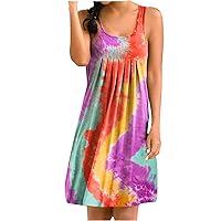 Women's Bohemian Print Flowy Sleeveless Knee Length Beach Round Neck Glamorous Dress Casual Loose-Fitting Summer Swing