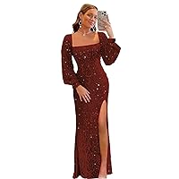 Sparkly Seuqin Appliques Prom Dress for Women Long Sleeves Formal Evening Party Gown with Slit KN1285