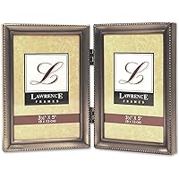 Lawrence Frames 11535D Antique Pewter Hinged Double 3x5 Picture Frame - Beaded Edge Design