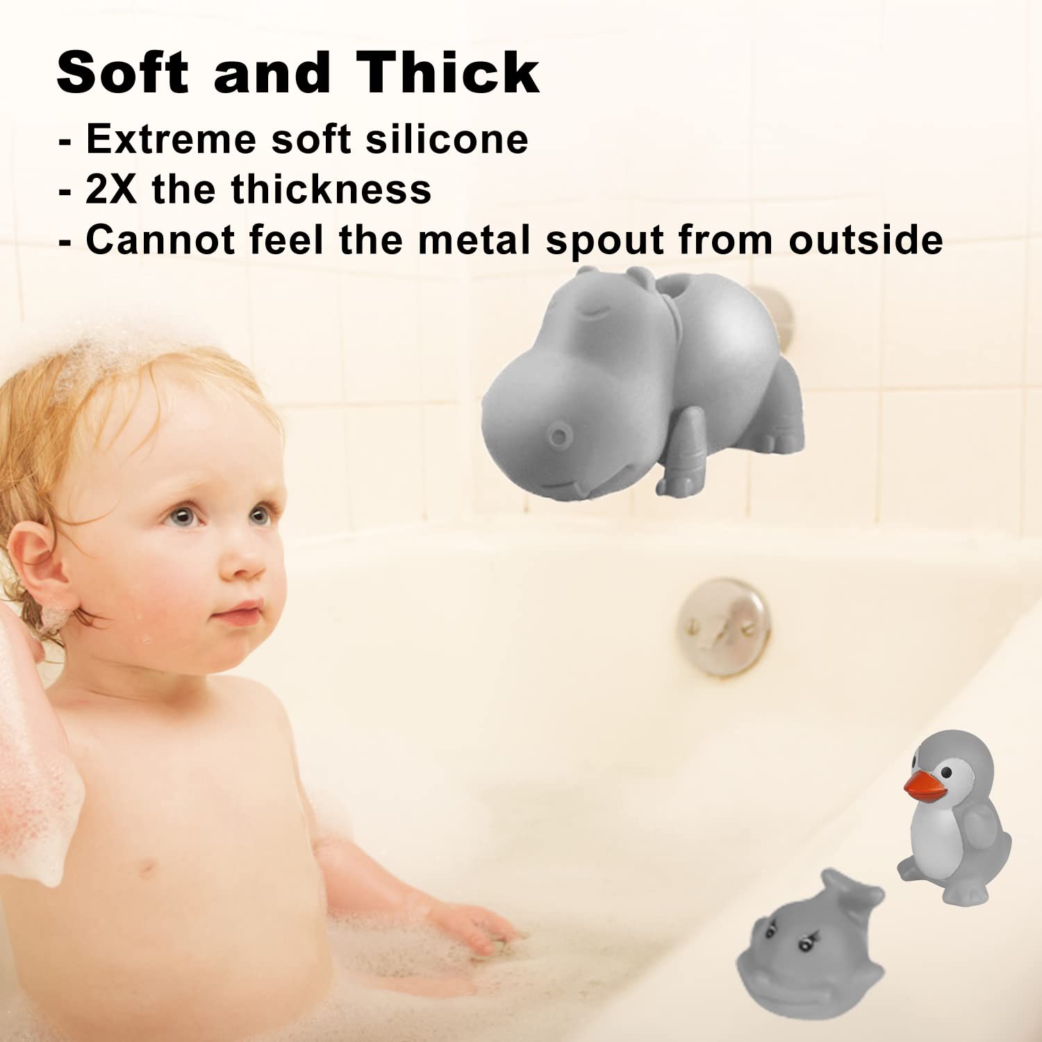 Bath Spout Cover - Faucet Cover Baby - Tub Spout Cover Bathtub Faucet Cover for Kids -Tub Faucet Protector for Baby - Silicone Spout Cover Gray Hippo - Kids Bathroom Accessories - Free Bathtub Toys