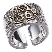 Two Tone Route 66 Ring 925 Sterling Silver Iconic American Highway Sign Ring Band Punk Jewelry for Men Women Open and Adjustable
