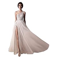 Women's One Shoulder Prom Dresses Tull with High Split Formal Evening Party Gowns A-Line Bridesmaid Dress White