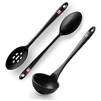 DI ORO 3-Piece Seamless Silicone Spoon and Ladle Bundle - 600°F Heat-Resistant Serving and Rubber Cooking Spoon and Ladle - Dishwasher Safe with a Heavy-Duty Stainless-Steel Core (Black)