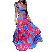 LKOUS Women's 2 Piece Dresses for Beach and Vacation, Floral Crop Top and High Haisted Long Skirts Sets